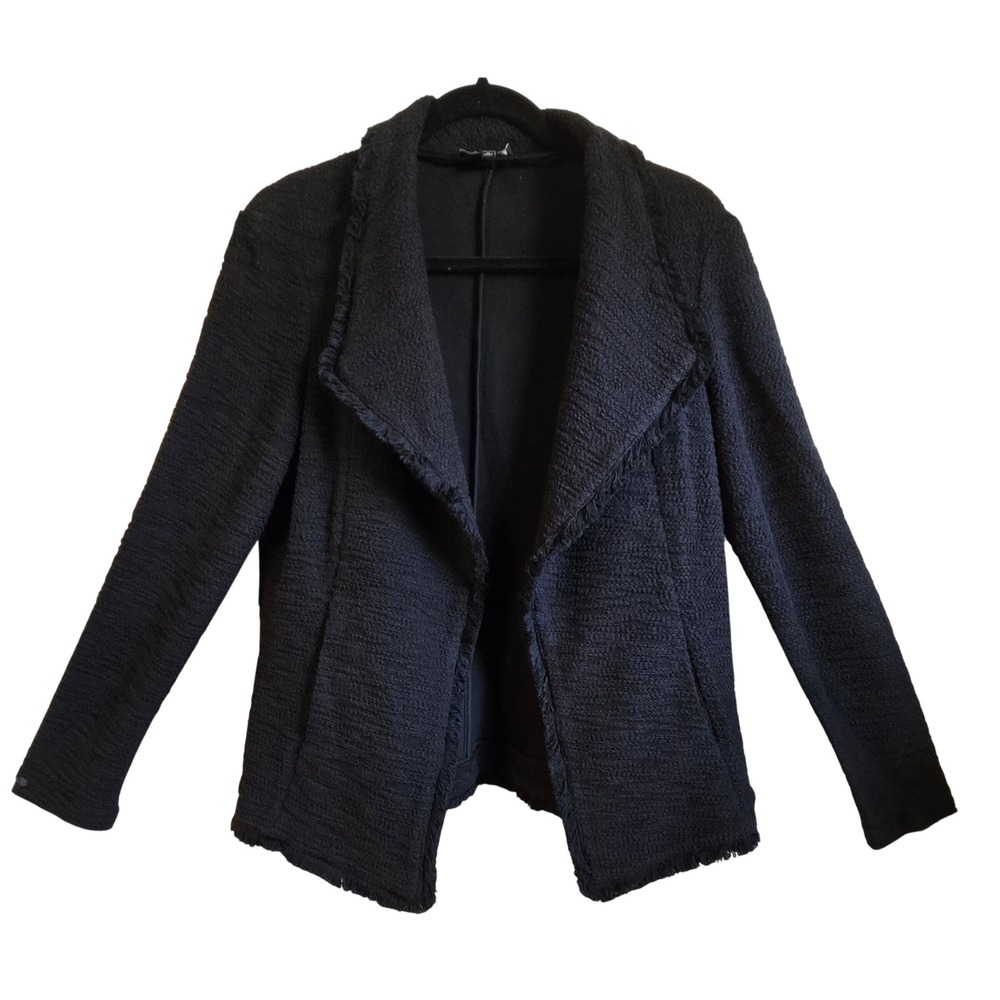 Premise Studio Chic Black Boucle Knit Fringe Trim Open Front Jacket Womens 10